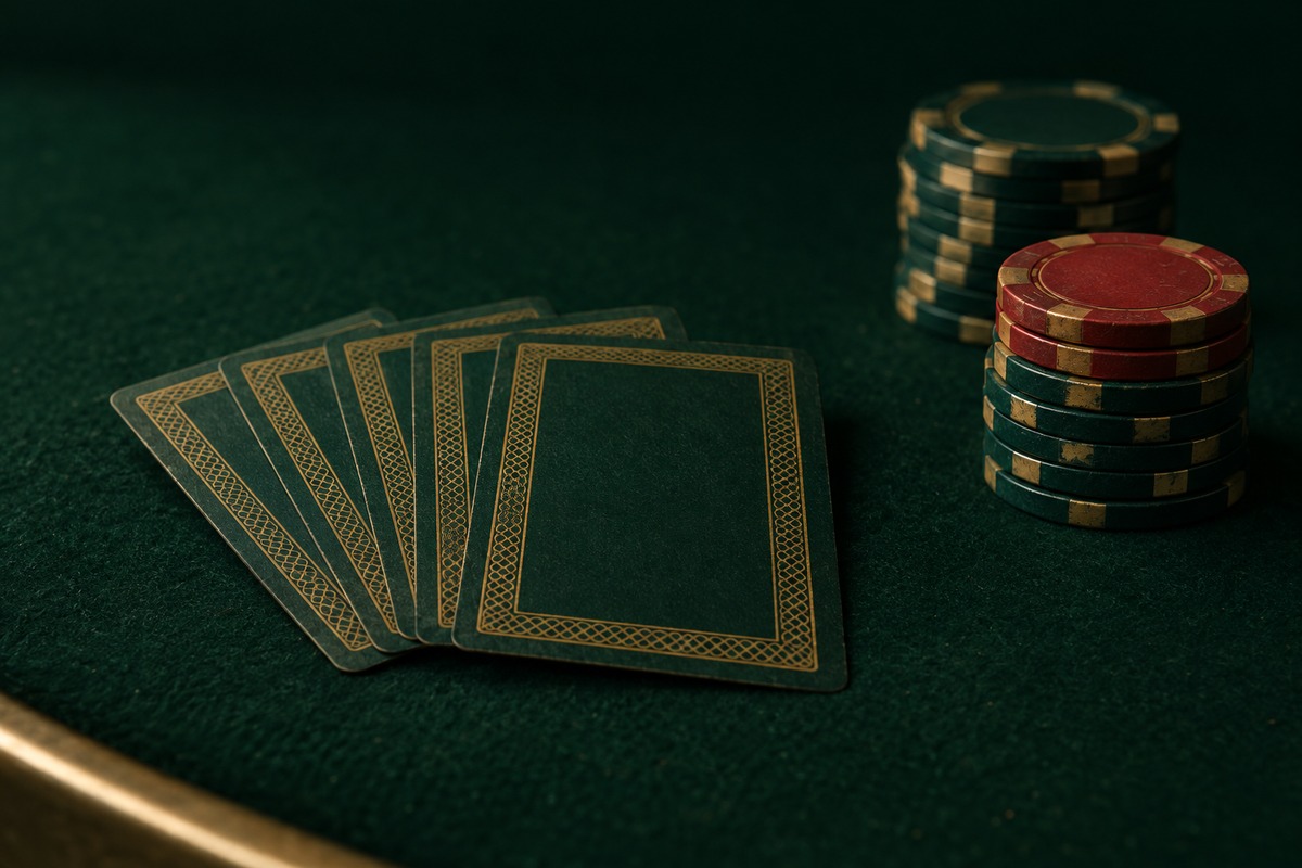 Casinomhub oyun çeşitleri: koyu lacivert masada yelpaze şeklinde açılmış kartlar ve çip desteleri